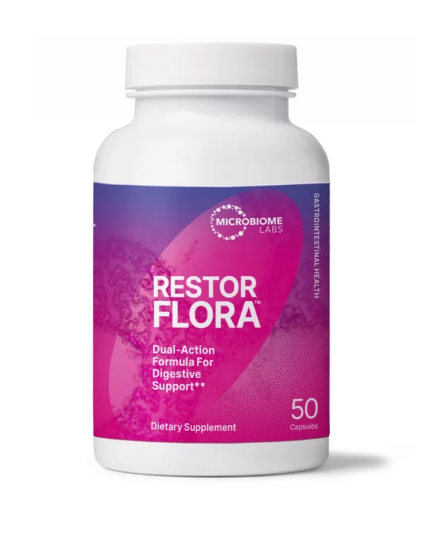RestorFlora probiotic bacteriotherapy dual action formula 50 capsules bottle