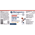 Metagenics Vitamin D3 with K2 supplement information panel and ingredients chart