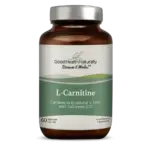 Good Health Naturally L-Carnitine supplement with CoQ10 – 60 vegan capsules. Close-up of L-Carnitine vegetable capsule – Synergistic Europe
