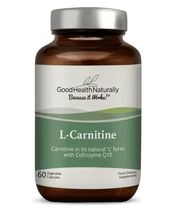 Good Health Naturally L-Carnitine supplement with CoQ10 – 60 vegan capsules. Close-up of L-Carnitine vegetable capsule – Synergistic Europe