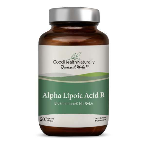 Bottle of Alpha Lipoic Acid R dietary supplement from Good Health Naturally, featuring 60 vegetable capsules, designed to support metabolic health and overall wellness.