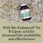 Bottle of Alpha Lipoic Acid R on a textured surface, highlighting Bio-Enhanced® Na R-Lipoic acid for improved bioavailability and effectiveness, emphasizing the quality and potency of nutritional supplements offered by Synergistics Europe.