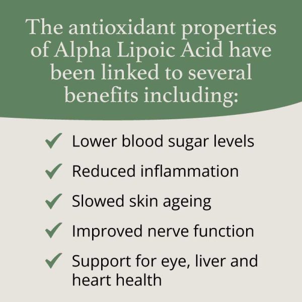 1010-AlphaLipoic1-packshot-600x600 Infographic highlighting the antioxidant benefits of Alpha Lipoic Acid, including lower blood sugar levels, reduced inflammation, slowed skin aging, improved nerve function, and support for eye, liver, and heart health.