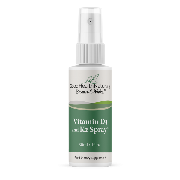 Spray bottle of Vitamin D3 and K2 dietary supplement, designed to support overall health with high-quality ingredients. Contains 30ml of product from Good Health Naturally, emphasizing nutritional benefits and easy application.