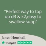 Testimonial highlighting customer satisfaction with Synergistics Europe's D3 and K2 supplements, emphasizing ease of swallowing and effectiveness.