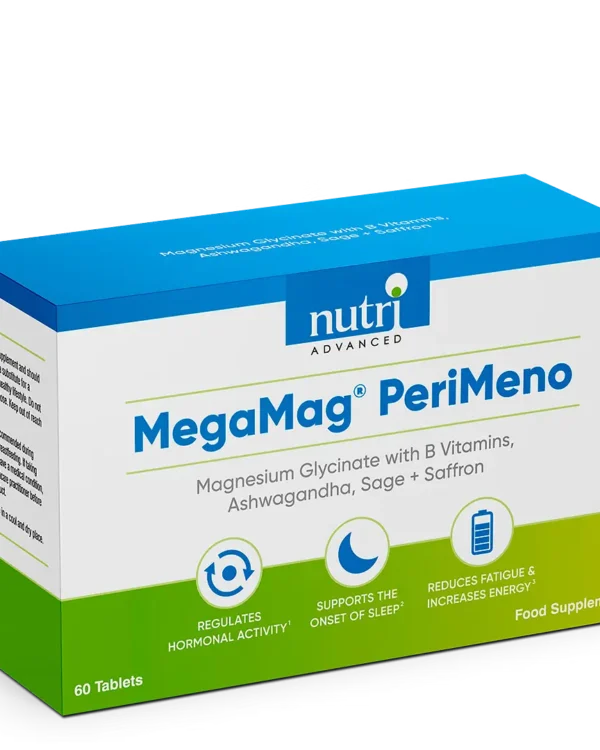 Product packaging for MegaMag® PeriMeno tablets by Nutri Advanced, highlighting key ingredients magnesium glycinate, B vitamins, ashwagandha, sage, and saffron, with benefits including hormonal activity regulation, sleep support, and energy boost. 60 tablets per box.