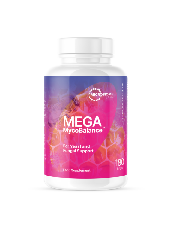 Mega MycoBalance bottle front view – Microbiome Labs food supplement for yeast and fungal support